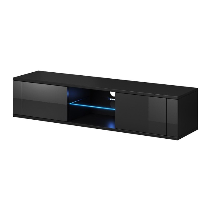 Meuble TV design PARIS-HIT 140 cm, 2 portes et 2 niches, coloris noir + LED