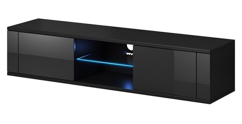 Meuble TV design PARIS-HIT 140 cm, 2 portes et 2 niches, coloris noir + LED