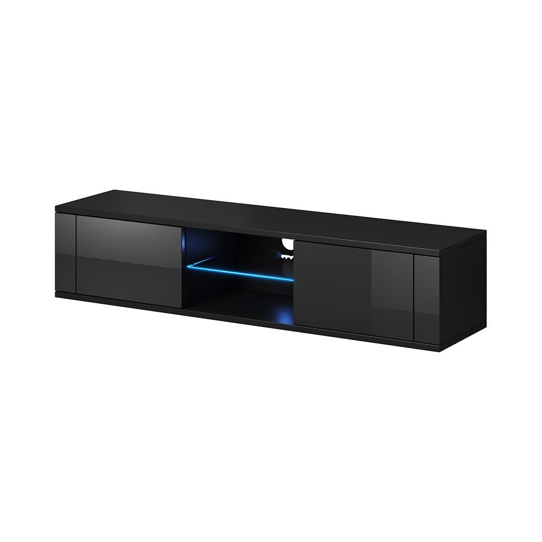 Meuble TV design PARIS-HIT 140 cm, 2 portes et 2 niches, coloris noir + LED