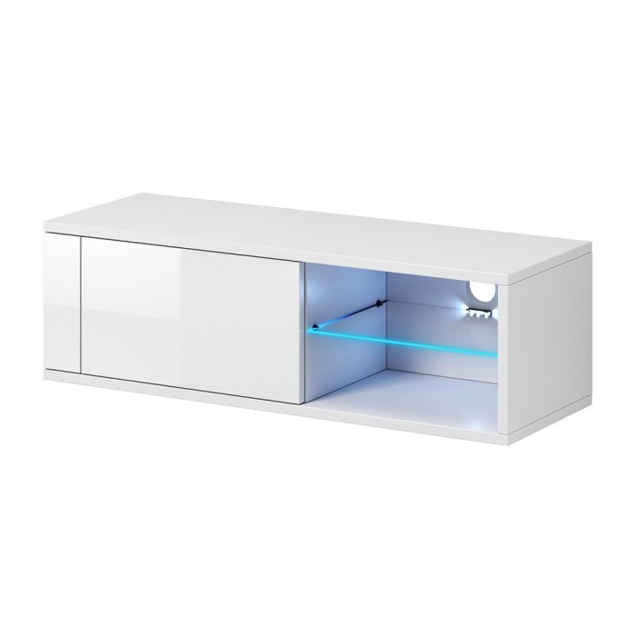 Meuble TV design BREST-HIT 100 cm, 1 porte et 2 niches, coloris blanc + LED