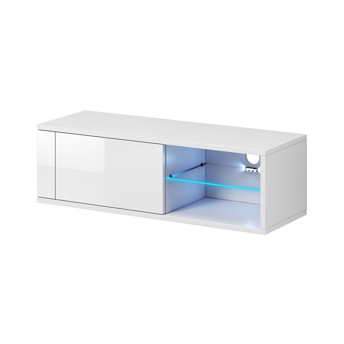 Meuble TV design BREST-HIT 100 cm, 1 porte et 2 niches, coloris blanc + LED