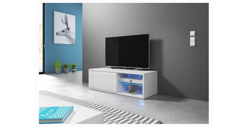 Meuble TV design BREST-HIT 100 cm, 1 porte et 2 niches, coloris blanc + LED