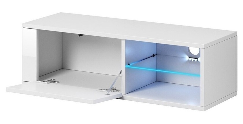 Meuble TV design BREST-HIT 100 cm, 1 porte et 2 niches, coloris blanc + LED
