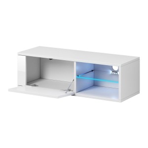 Meuble TV design BREST-HIT 100 cm, 1 porte et 2 niches, coloris blanc + LED