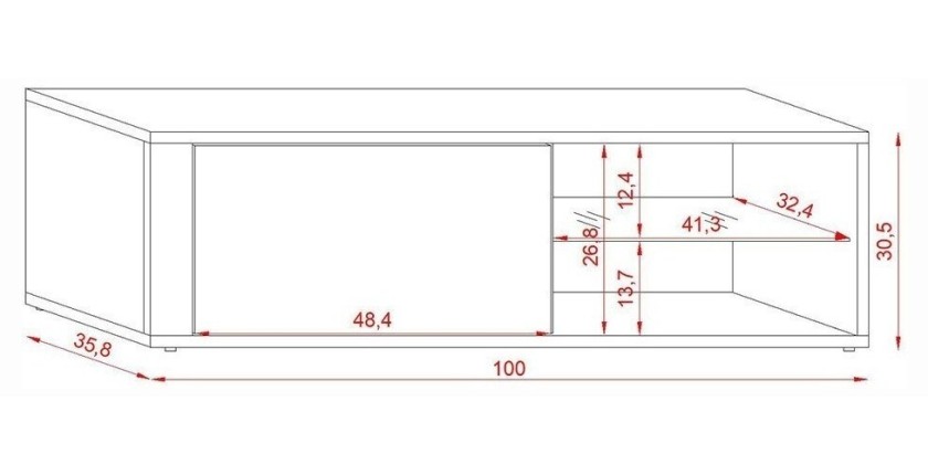 Meuble TV design BREST-HIT 100 cm, 1 porte et 2 niches, coloris blanc + LED