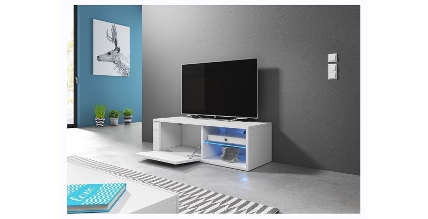Meuble TV design BREST-HIT 100 cm, 1 porte et 2 niches, coloris blanc + LED