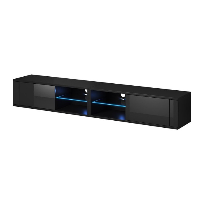 Meuble TV design BREST-HIT XXL 200 cm, 2 portes et 4 niches. Coloris noir + LED