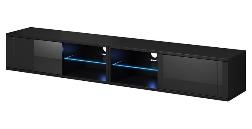 Meuble TV design BREST-HIT XXL 200 cm, 2 portes et 4 niches. Coloris noir + LED
