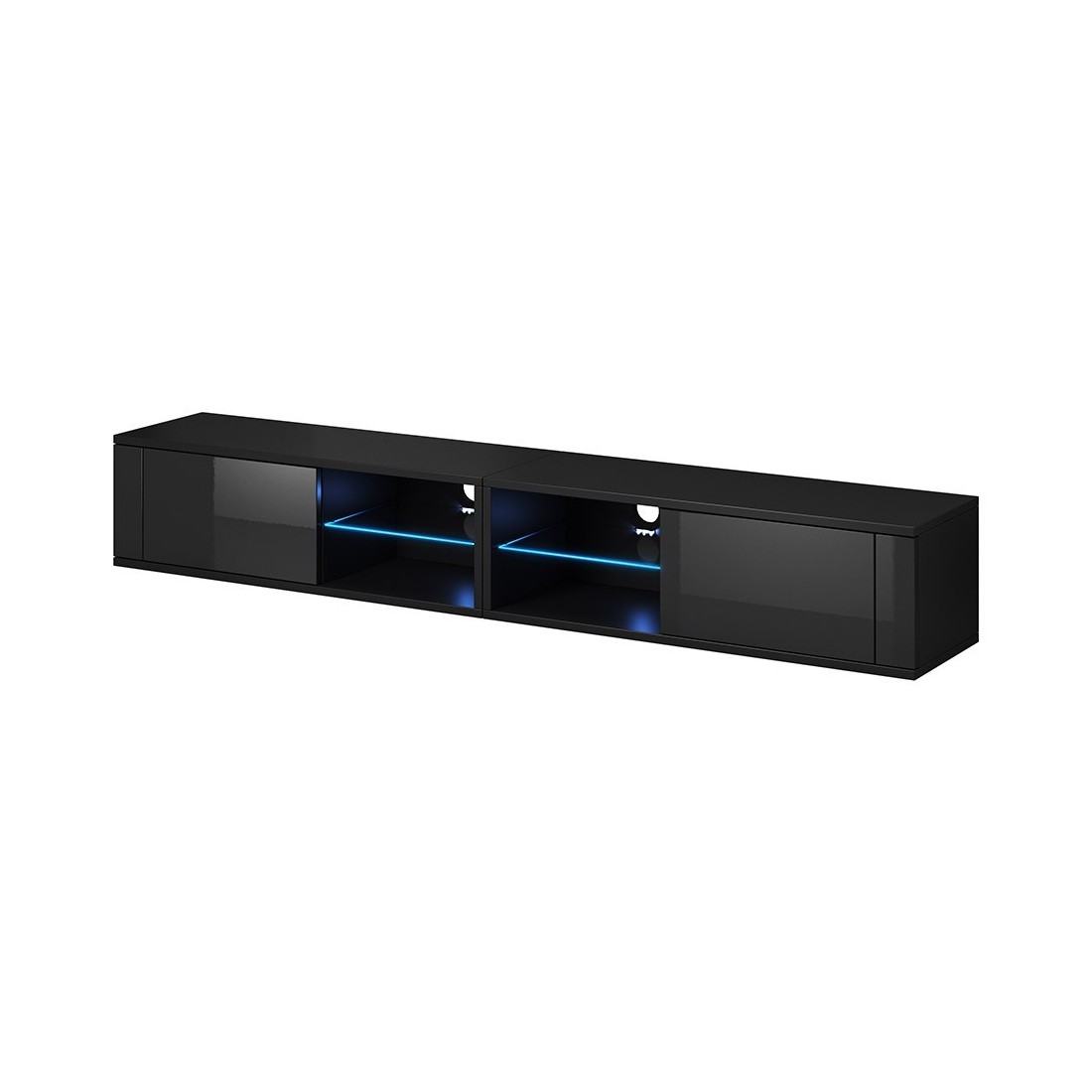 Meuble TV design BREST-HIT XXL 200 cm, 2 portes et 4 niches. Coloris noir + LED