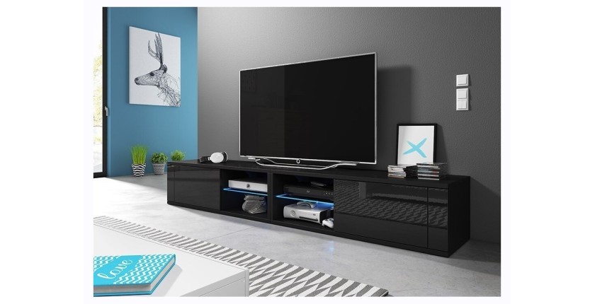 Meuble TV design BREST-HIT XXL 200 cm, 2 portes et 4 niches. Coloris noir + LED
