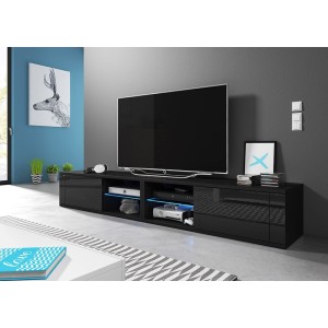 Meuble TV design BREST-HIT XXL 200 cm, 2 portes et 4 niches. Coloris noir + LED