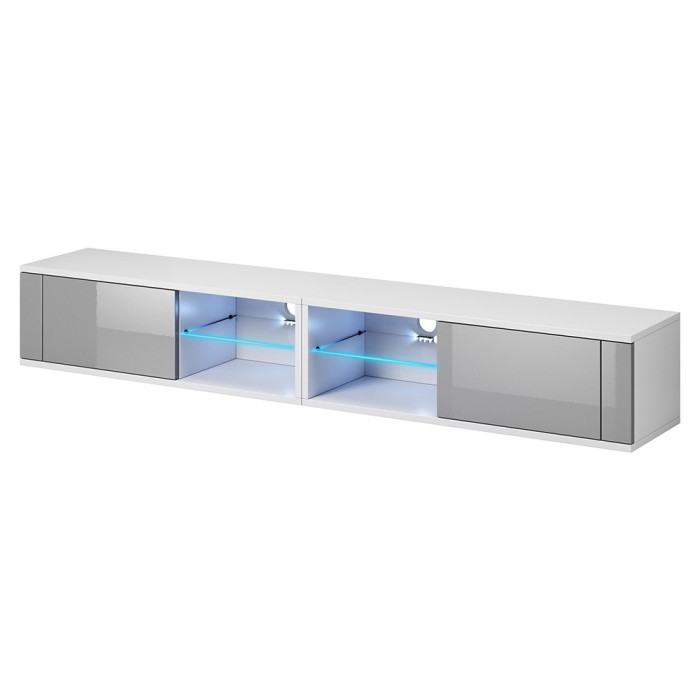 Meuble TV design BREST-HIT XXL 200 cm, 2 portes et 4 niches. Coloris blanc et gris + LED