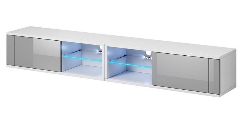 Meuble TV design BREST-HIT XXL 200 cm, 2 portes et 4 niches. Coloris blanc et gris + LED