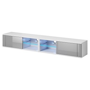 Meuble TV design BREST-HIT XXL 200 cm, 2 portes et 4 niches. Coloris blanc et gris + LED