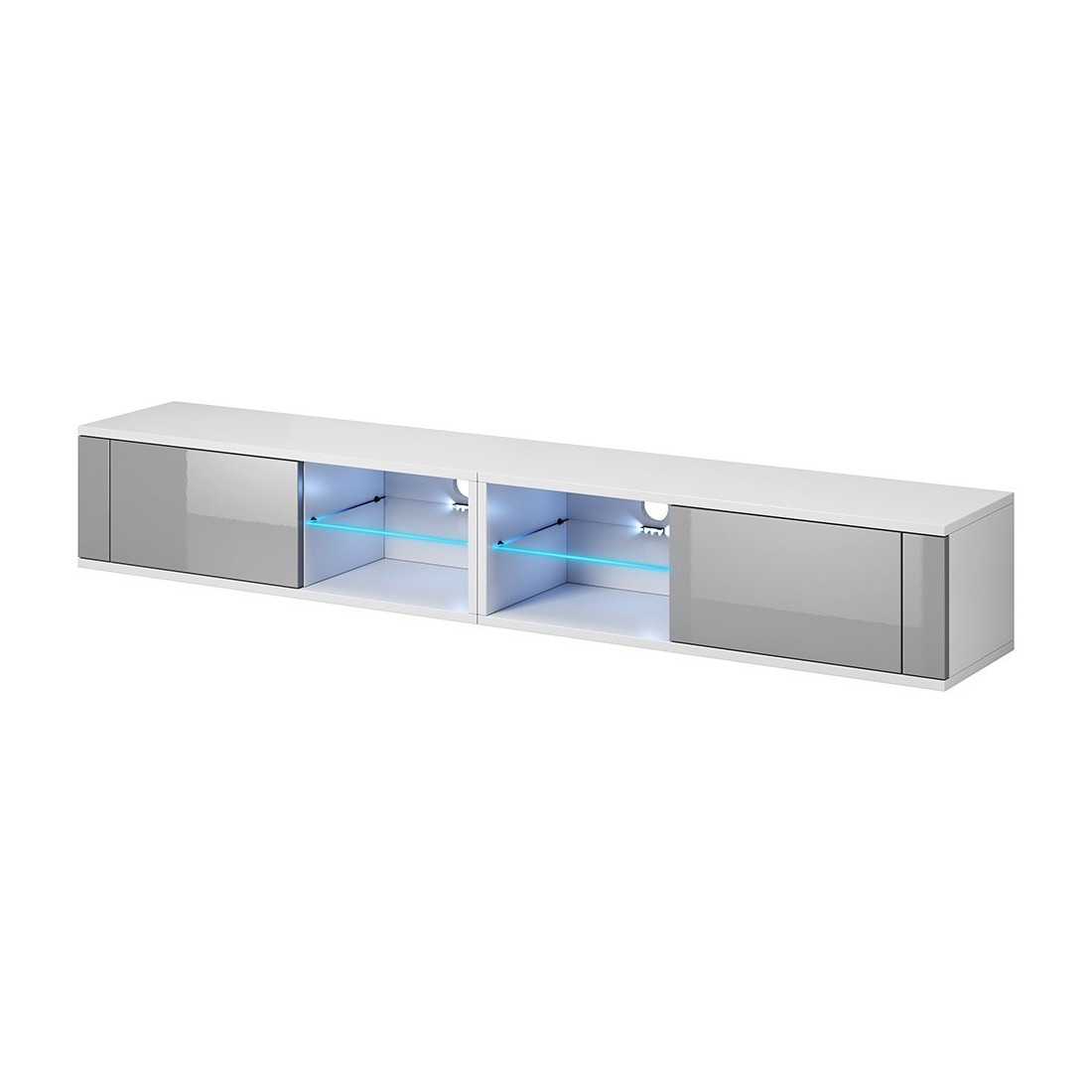 Meuble TV design BREST-HIT XXL 200 cm, 2 portes et 4 niches. Coloris blanc et gris + LED