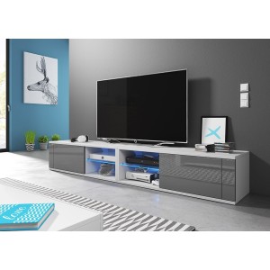 Meuble TV design BREST-HIT XXL 200 cm, 2 portes et 4 niches. Coloris blanc et gris + LED
