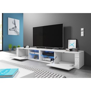 Meuble TV design BREST-HIT XXL 200 cm, 2 portes et 4 niches. Coloris blanc et gris + LED