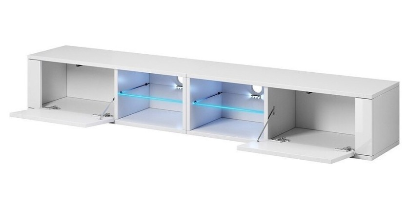 Meuble TV design BREST-HIT XXL 200 cm, 2 portes et 4 niches. Coloris blanc et gris + LED