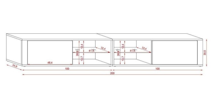Meuble TV design BREST-HIT XXL 200 cm, 2 portes et 4 niches. Coloris blanc et gris + LED