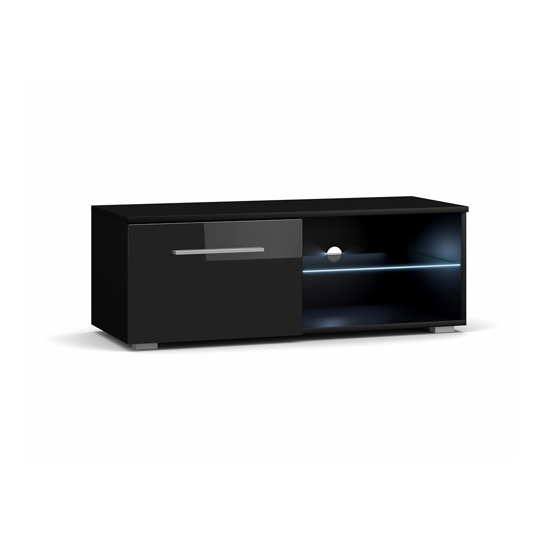 Meuble TV design LEON II 100 cm, 1 porte et 2 niches, coloris noir + LED