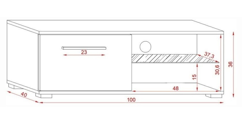 Meuble TV design LEON II 100 cm, 1 porte et 2 niches, coloris noir + LED