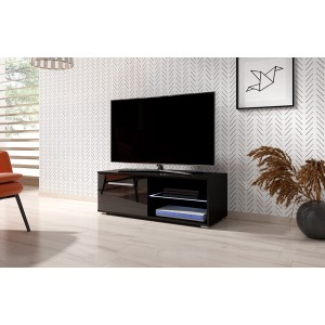 Meuble TV design LEON II 100 cm, 1 porte et 2 niches, coloris noir + LED
