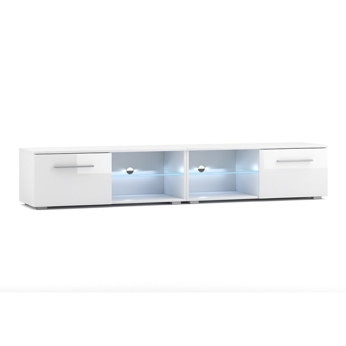 Meuble TV design LEON II XXL, 2 mètres, 2 portes et 4 niches, coloris blanc + LED