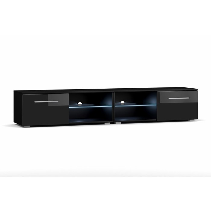 Meuble TV design LEON II XXL, 2 mètres, 2 portes et 4 niches, coloris noir + LED