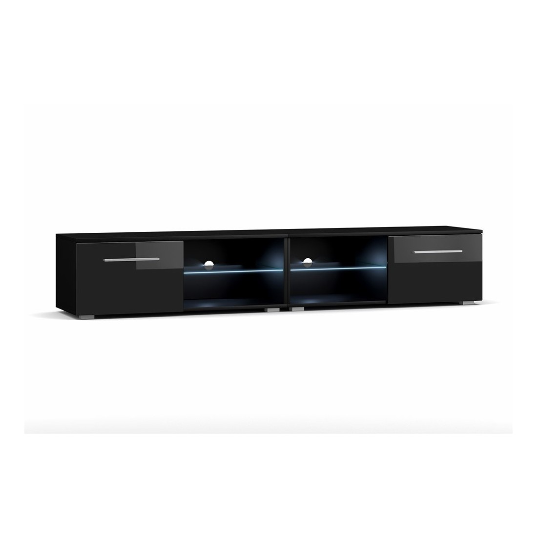 Meuble TV design LEON II XXL, 2 mètres, 2 portes et 4 niches, coloris noir + LED