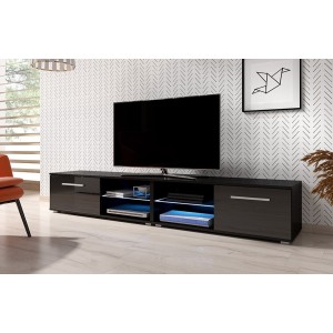Meuble TV design LEON II XXL, 2 mètres, 2 portes et 4 niches, coloris noir + LED