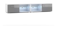 Meuble TV design LEON II XXL, 2 mètres, 2 portes et 4 niches, coloris blanc et gris + LED