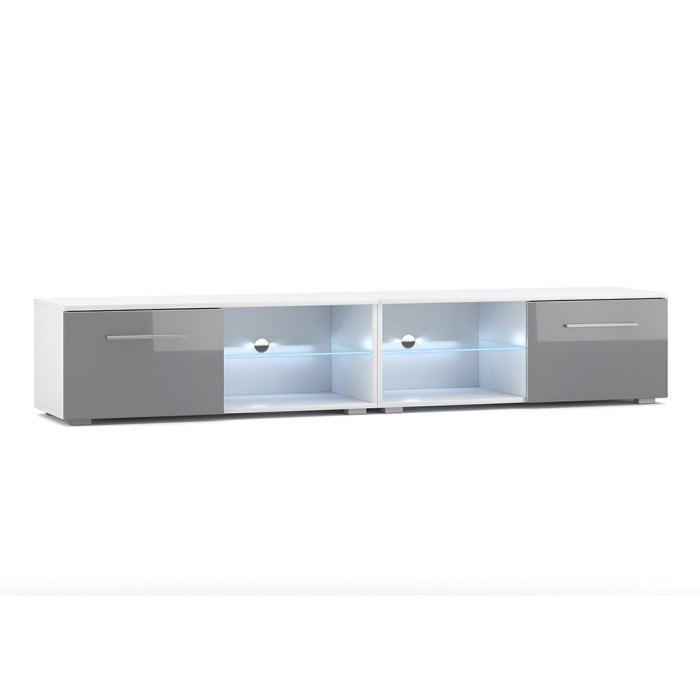 Meuble TV design LEON II XXL, 2 mètres, 2 portes et 4 niches, coloris blanc et gris + LED