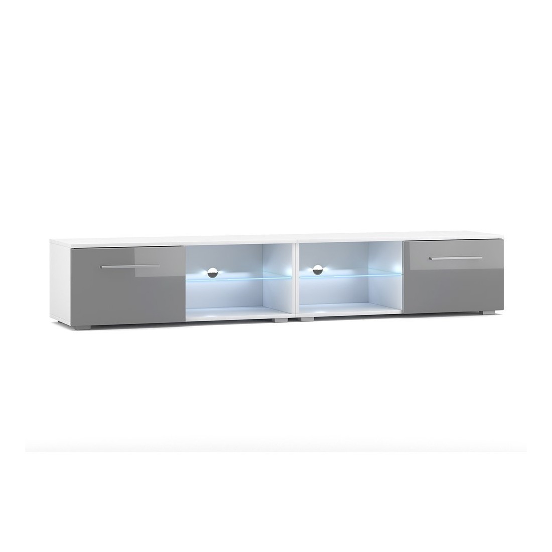 Meuble TV design LEON II XXL, 2 mètres, 2 portes et 4 niches, coloris blanc et gris + LED