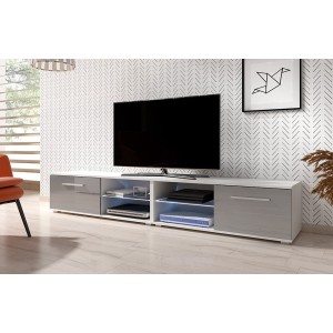 Meuble TV design LEON II XXL, 2 mètres, 2 portes et 4 niches, coloris blanc et gris + LED