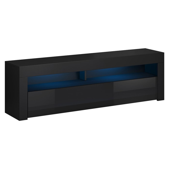 Meuble TV design MEXICO 160 cm, 1 porte et 1 niche, coloris noir + LED