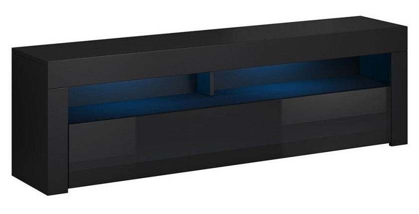 Meuble TV design MEXICO 160 cm, 1 porte et 1 niche, coloris noir + LED