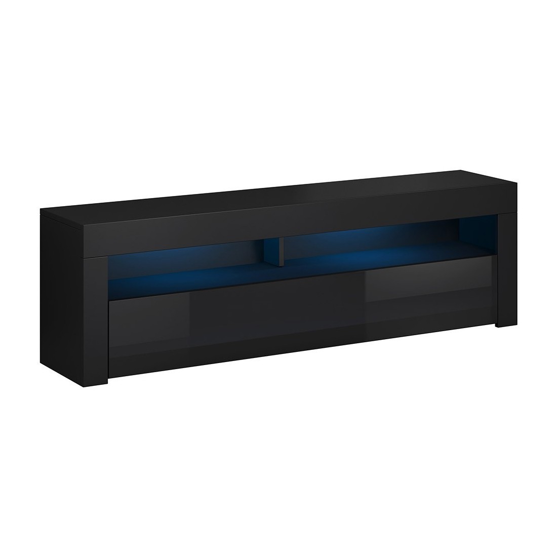 Meuble TV design MEXICO 160 cm, 1 porte et 1 niche, coloris noir + LED
