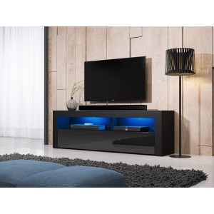 Meuble TV design MEXICO 160 cm, 1 porte et 1 niche, coloris noir + LED