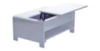 Table basse TRIEST design avec compartiment intérieur et porte invisible sur vérins, coloris blanc.