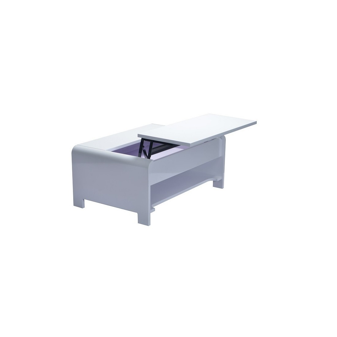 Table basse TRIEST design avec compartiment intérieur et porte invisible sur vérins, coloris blanc.