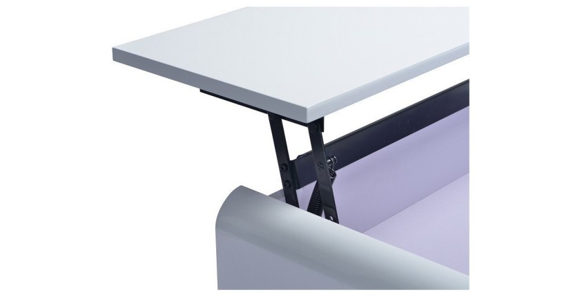 Table basse TRIEST design avec compartiment intérieur et porte invisible sur vérins, coloris blanc.