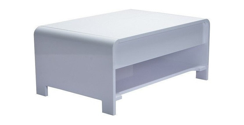Table basse TRIEST design avec compartiment intérieur et porte invisible sur vérins, coloris blanc.