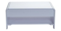 Table basse TRIEST design avec compartiment intérieur et porte invisible sur vérins, coloris blanc.