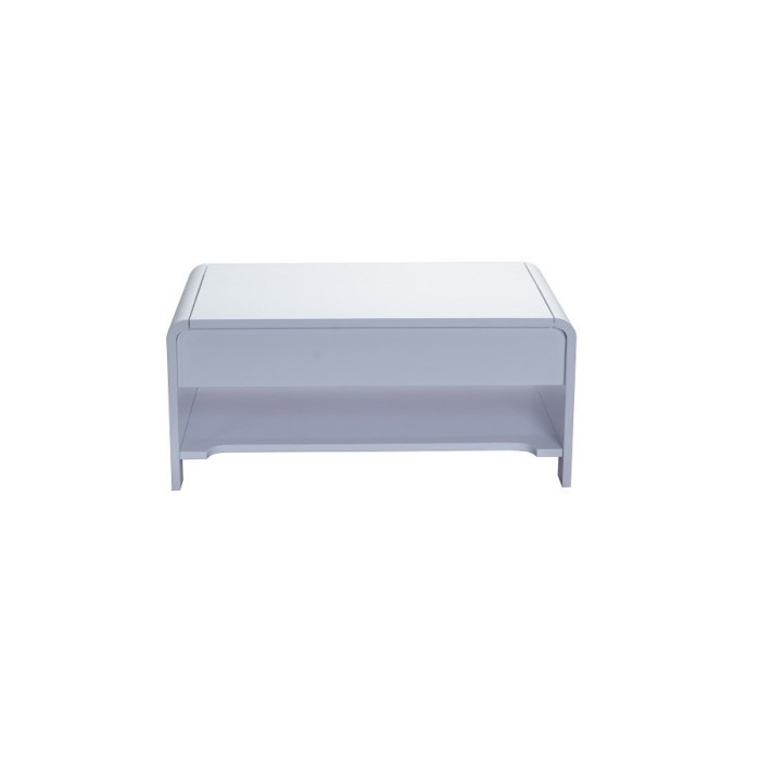 Table basse TRIEST design avec compartiment intérieur et porte invisible sur vérins, coloris blanc.