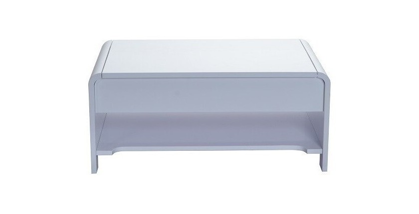 Table basse TRIEST design avec compartiment intérieur et porte invisible sur vérins, coloris blanc.