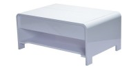 Table basse TRIEST design avec compartiment intérieur et porte invisible sur vérins, coloris blanc.