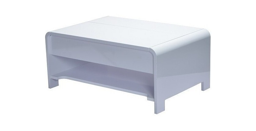 Table basse TRIEST design avec compartiment intérieur et porte invisible sur vérins, coloris blanc.