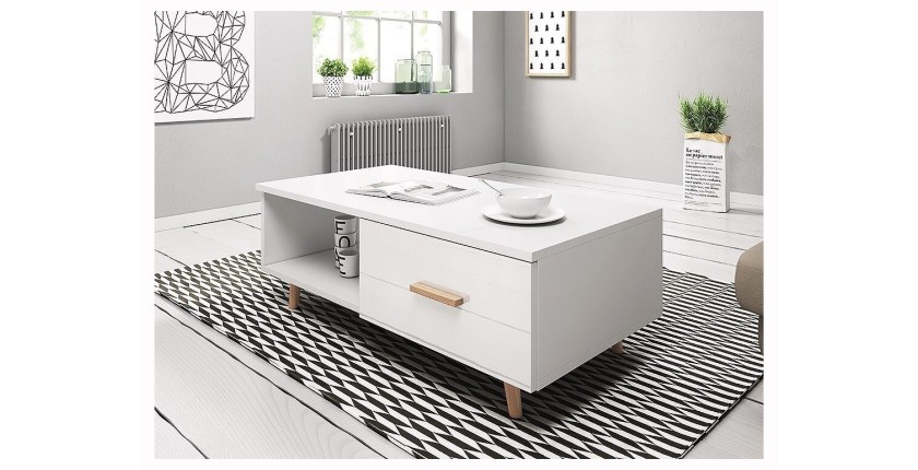 Table basse EDEN 110 cm avec 1 tiroir et 1 niche, coloris blanc.