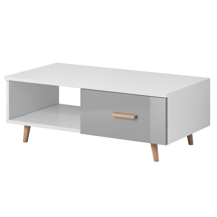 Table basse EDEN 110 cm avec 1 tiroir et 1 niche, coloris blanc et gris.