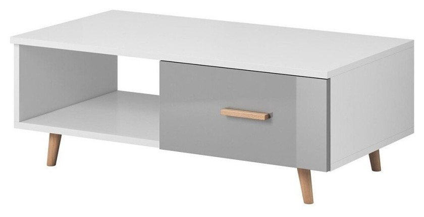 Table basse EDEN 110 cm avec 1 tiroir et 1 niche, coloris blanc et gris.